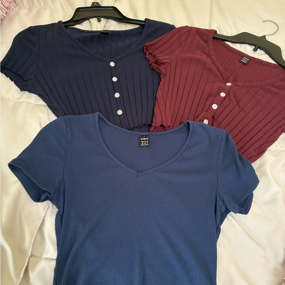 Ribbed Navy and Burgundy Button-Up Tops